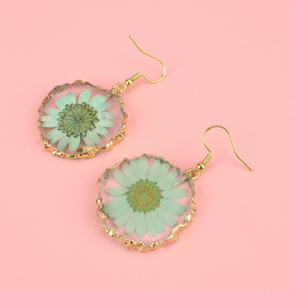 Green pressed flowers earrings with a gold edge on gold plated stainless steel earwires