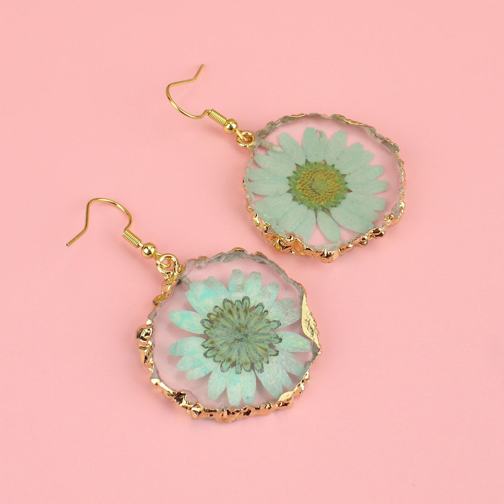 Green pressed flowers earrings with a gold edge on gold plated stainless steel earwires