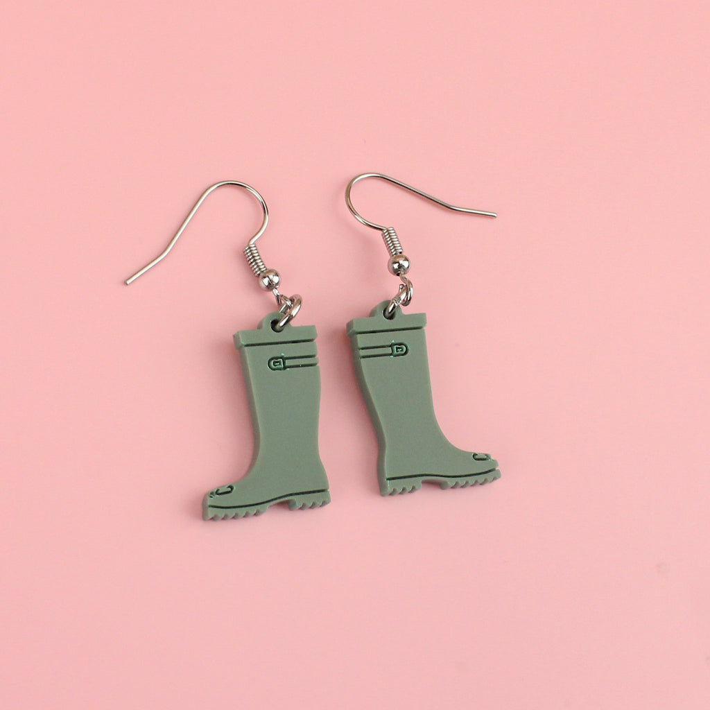 Khaki green wellie boot charms on stainless steel earwires