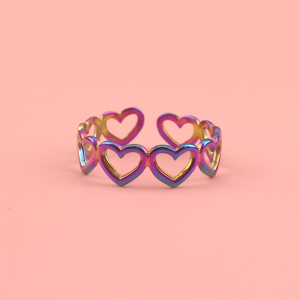 Stainless steel ring made up of rainbow hearts