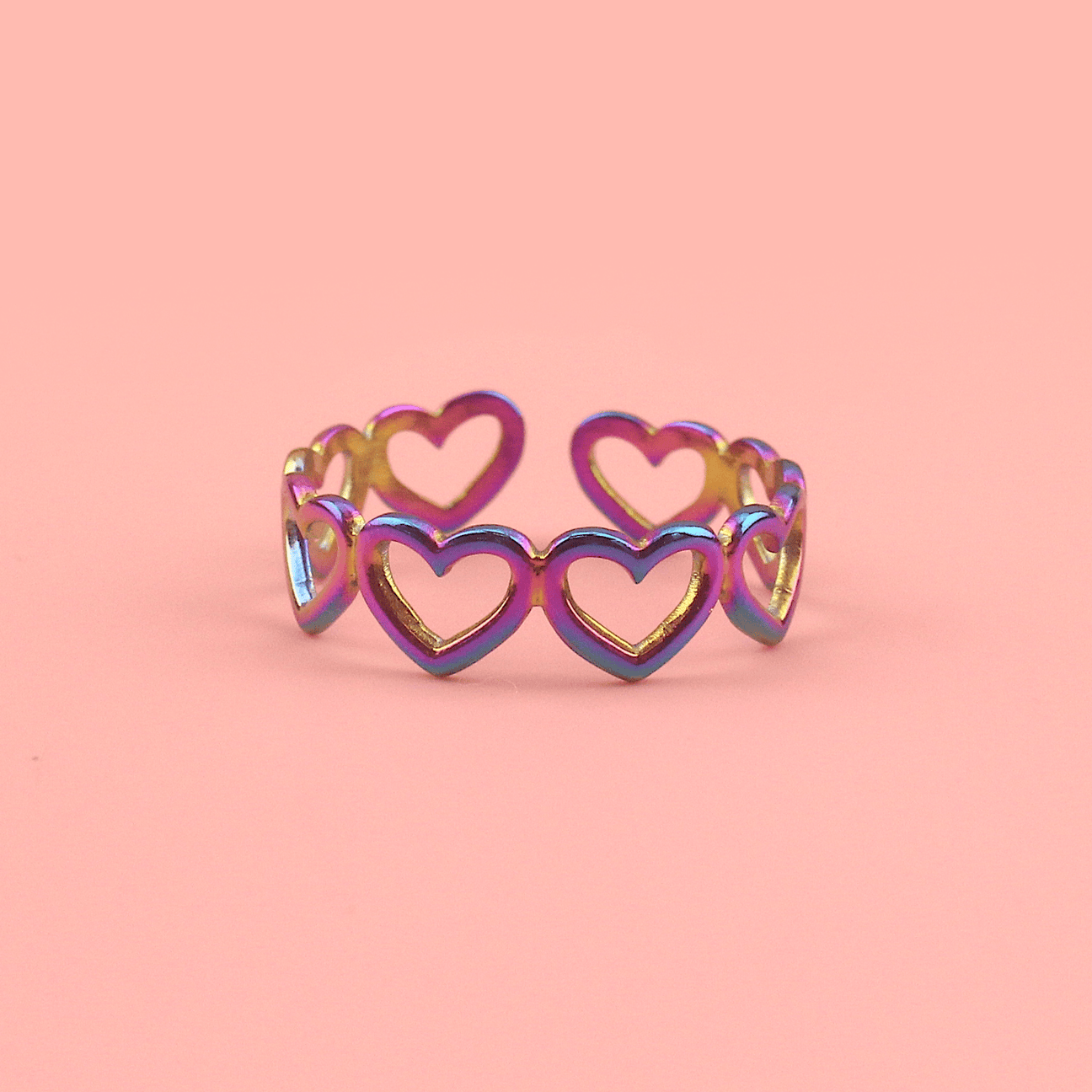 Stainless steel ring made up of rainbow hearts