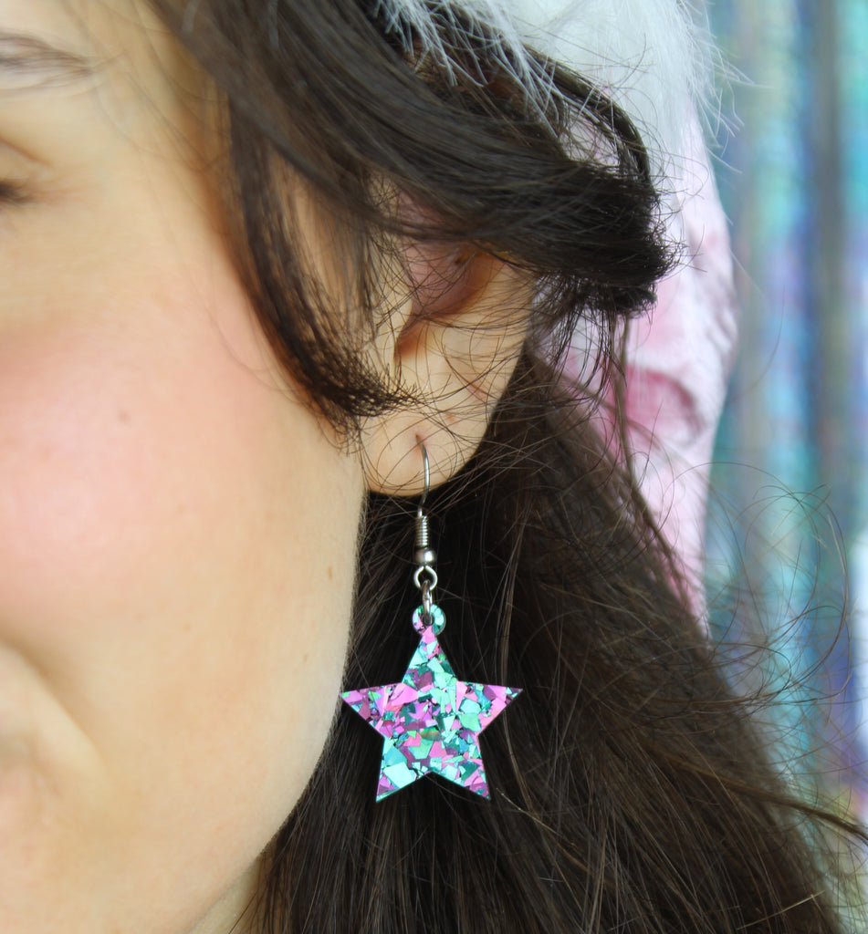 Pink & Blue Confetti Star Earrings - Sour Cherry