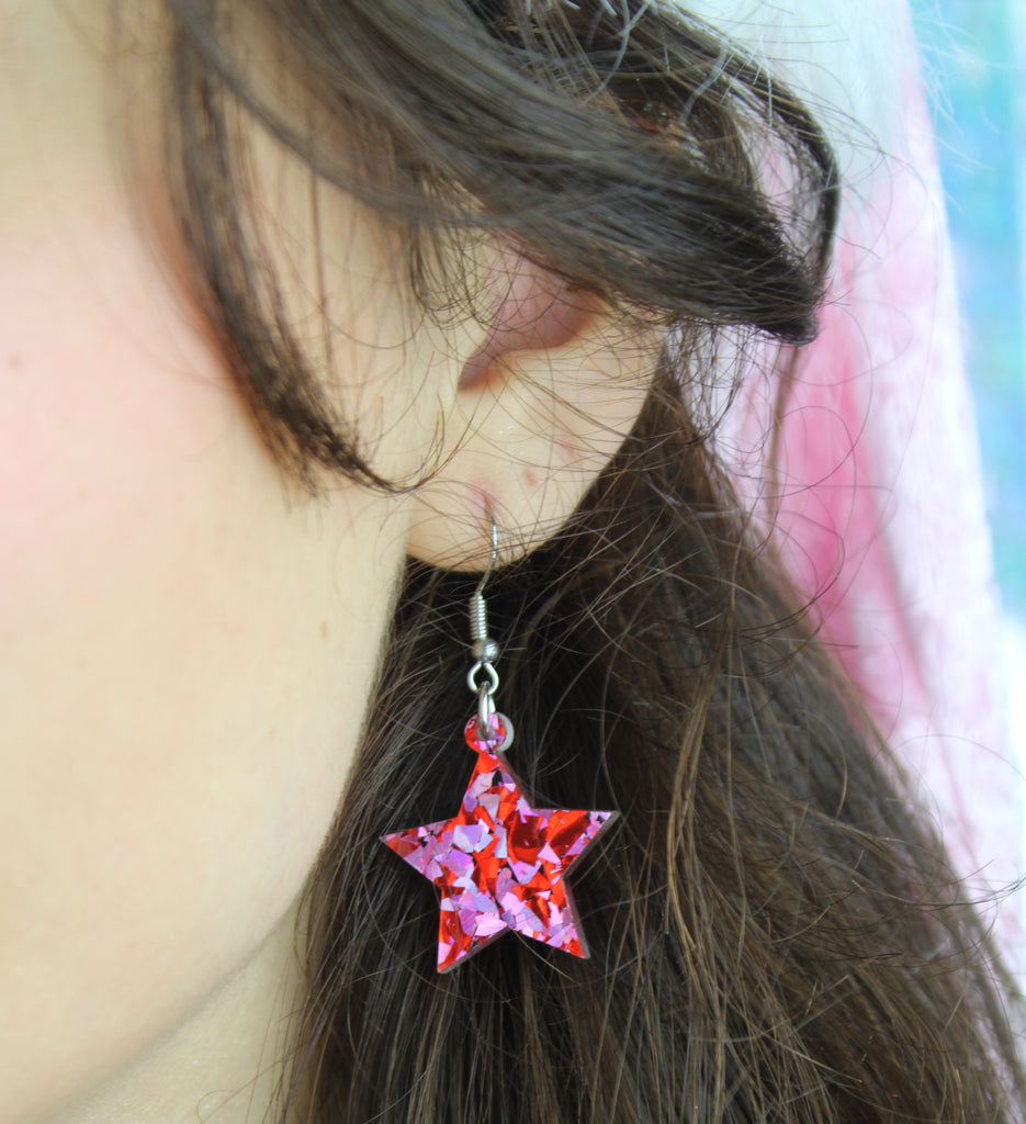 Pink & Red Confetti Star Earrings - Sour Cherry