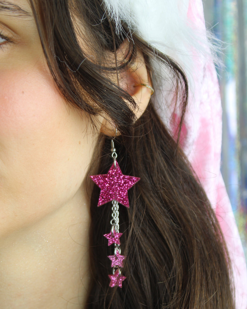 Pink Glitter Shooting Star Earrings - Sour Cherry