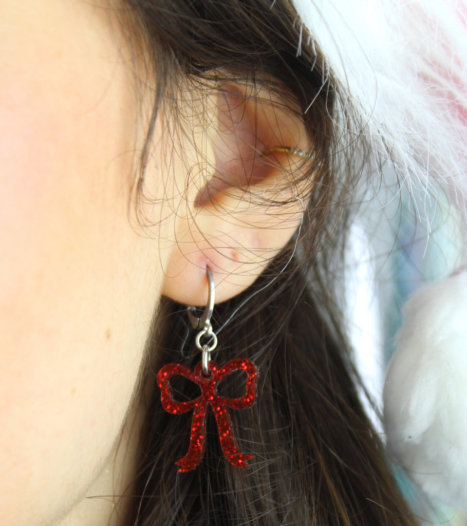 Mini Red Glitter Bow Huggie Hoop Earrings - Sour Cherry