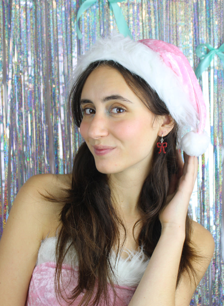Mini Red Glitter Bow Huggie Hoop Earrings - Sour Cherry