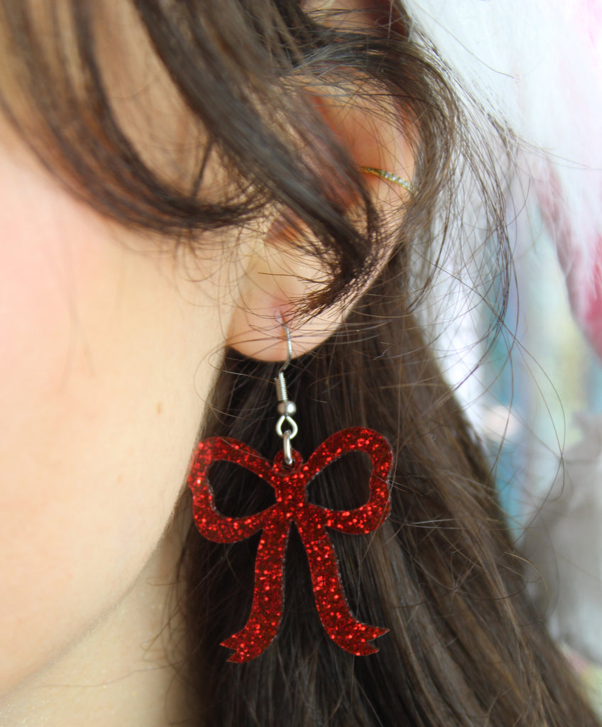 Red Glitter Bow Earrings - Sour Cherry