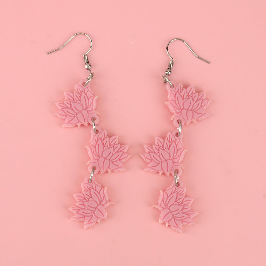 Pink acrylic cascading lotus flower charms on stainless steel earwires