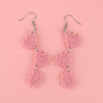 Pink acrylic cascading lotus flower charms on stainless steel earwires