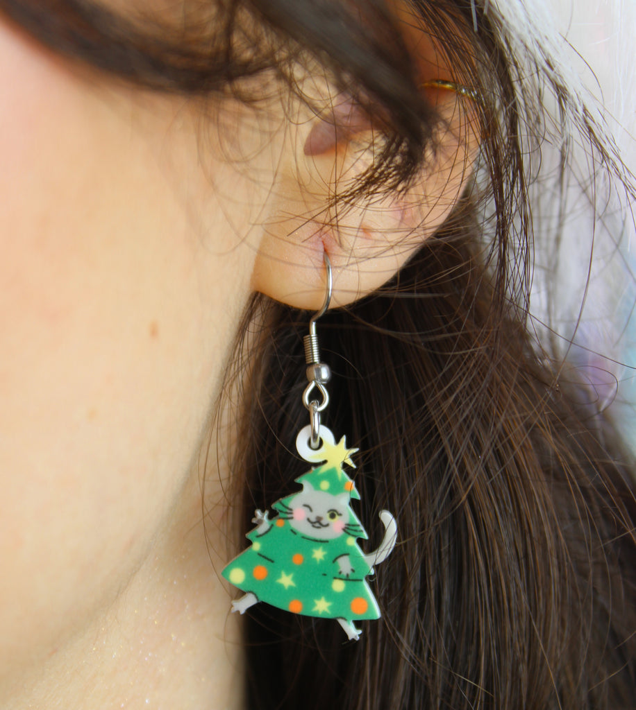 Christmas Tree Kitty Cat Earrings - Sour Cherry