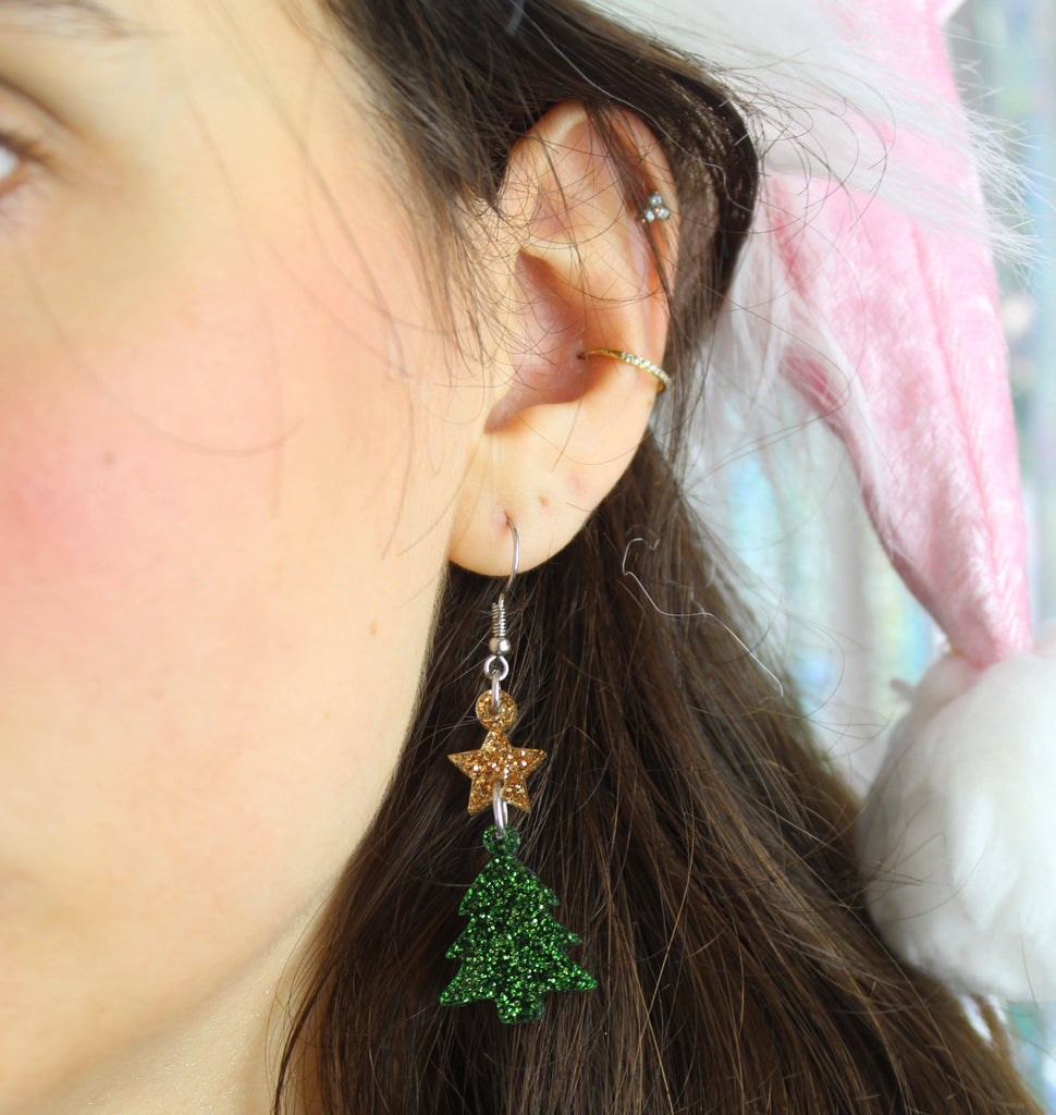 Green Glitter Christmas Tree Earrings - Sour Cherry