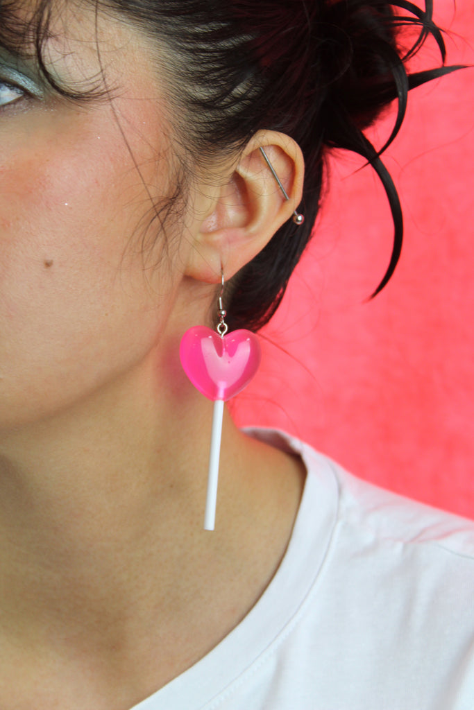 Pink Heart Lollipop Earrings - Sour Cherry