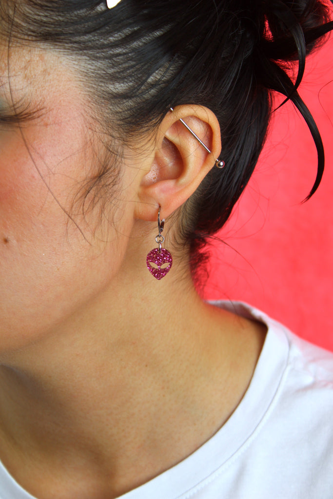 Pink Glitter Alien Hoop Earrings - Sour Cherry