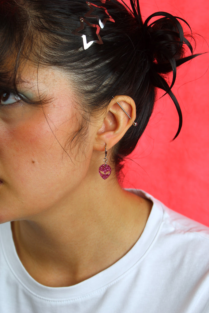 Pink Glitter Alien Hoop Earrings - Sour Cherry