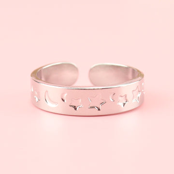 Stainless steel ring with moons and stars engraved on the band