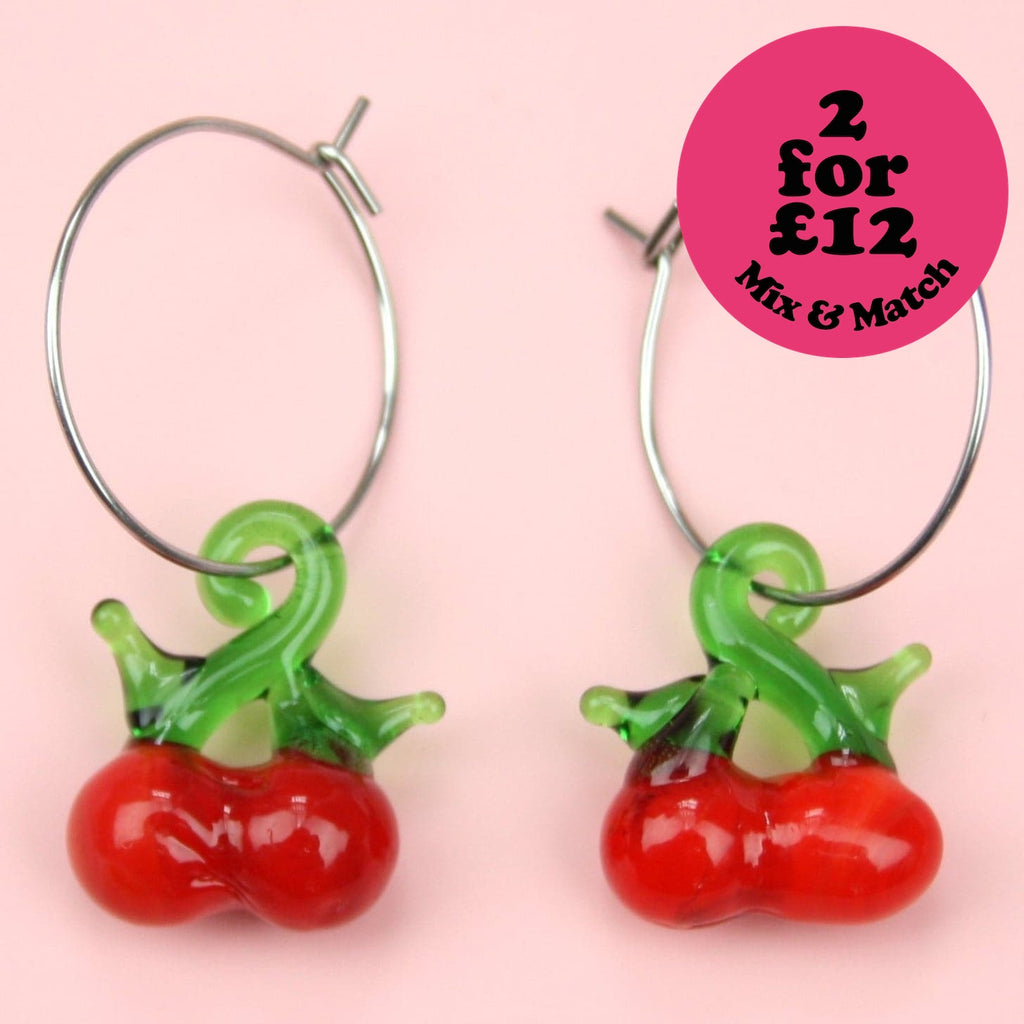 Glass Cherry Hoop Earrings - Sour Cherry