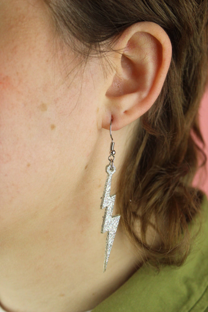 Holographic Glitter Lightning Bolt Earrings - Sour Cherry
