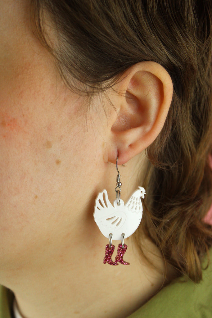 White Chick Magnet Chicken Earrings - Sour Cherry