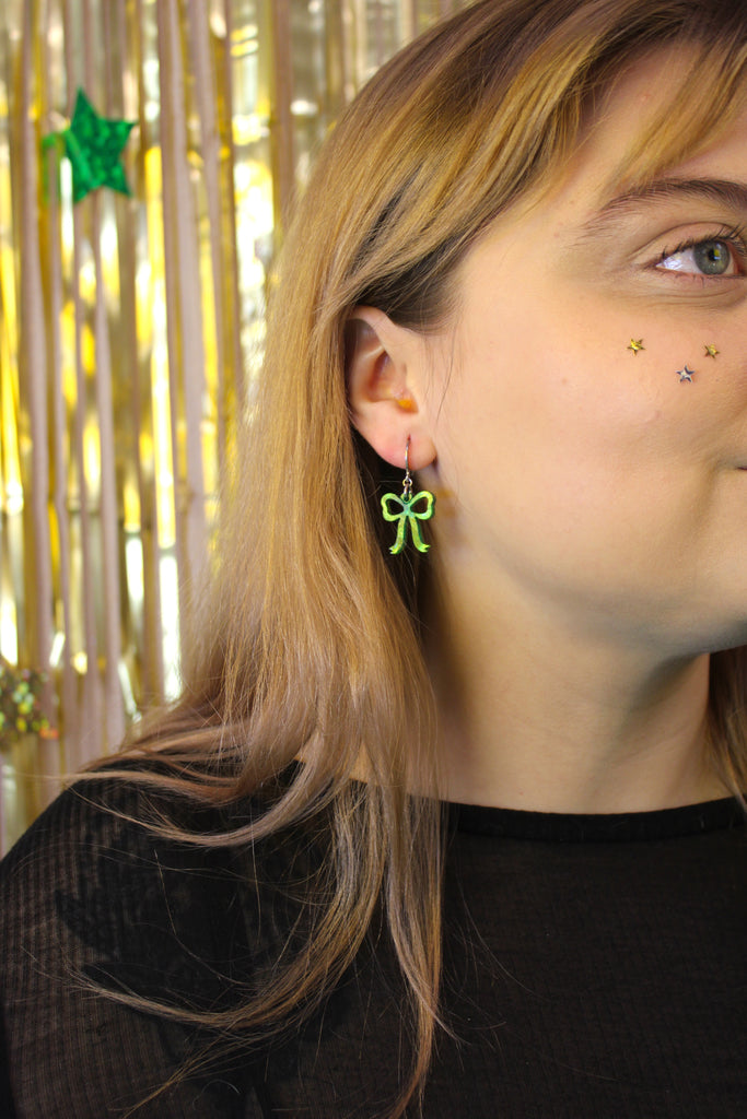 Mini Marble Green Bow Huggie Hoop Earrings - Sour Cherry