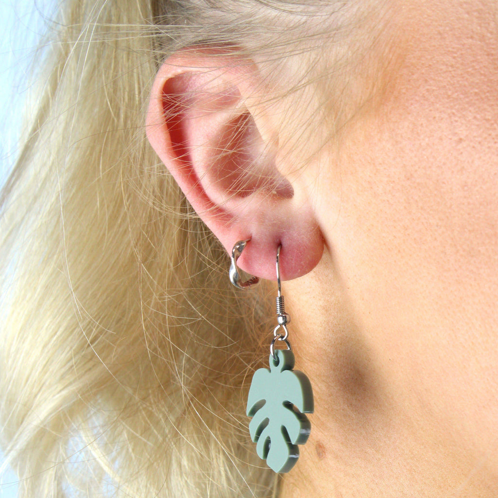 Small Sage Green Monstera Earrings - Sour Cherry