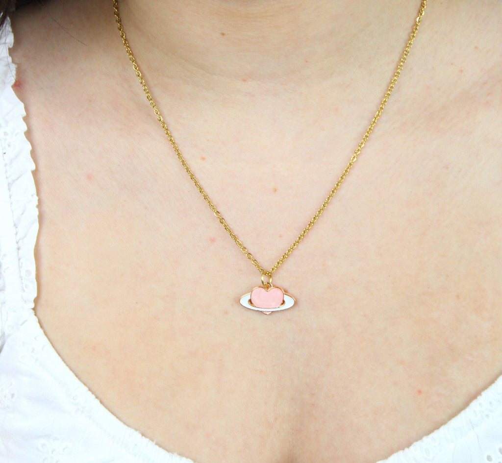 Pink Heart Planet Necklace - Sour Cherry