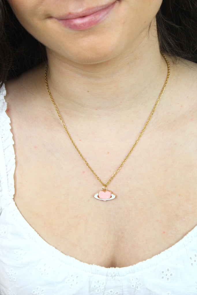 Pink Heart Planet Necklace - Sour Cherry