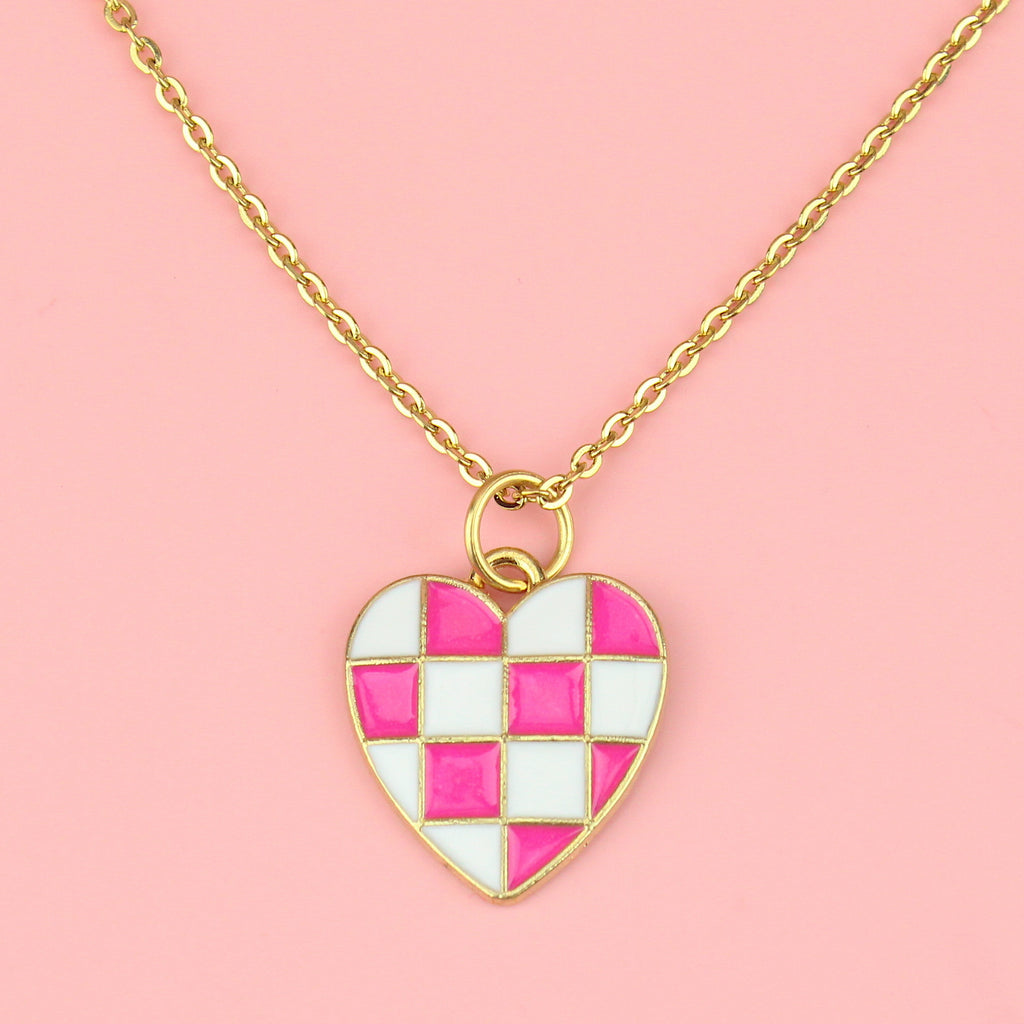 Gold plated base metal pink and white checkerboard heart-shaped pendant on a gold plated stainless steel chain