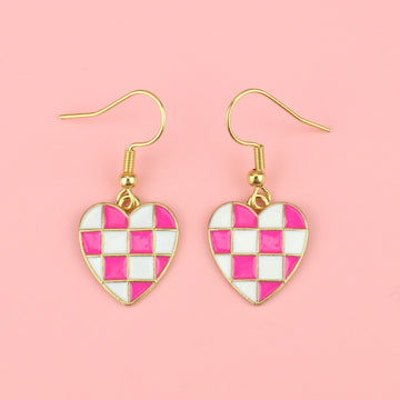 WHITE AND PINK CHECKERBOARD HEARTS BADE FROM GOLD PLATED BASE METAL ON GOLD PLATED STAINLESS STEEL EARWIRES