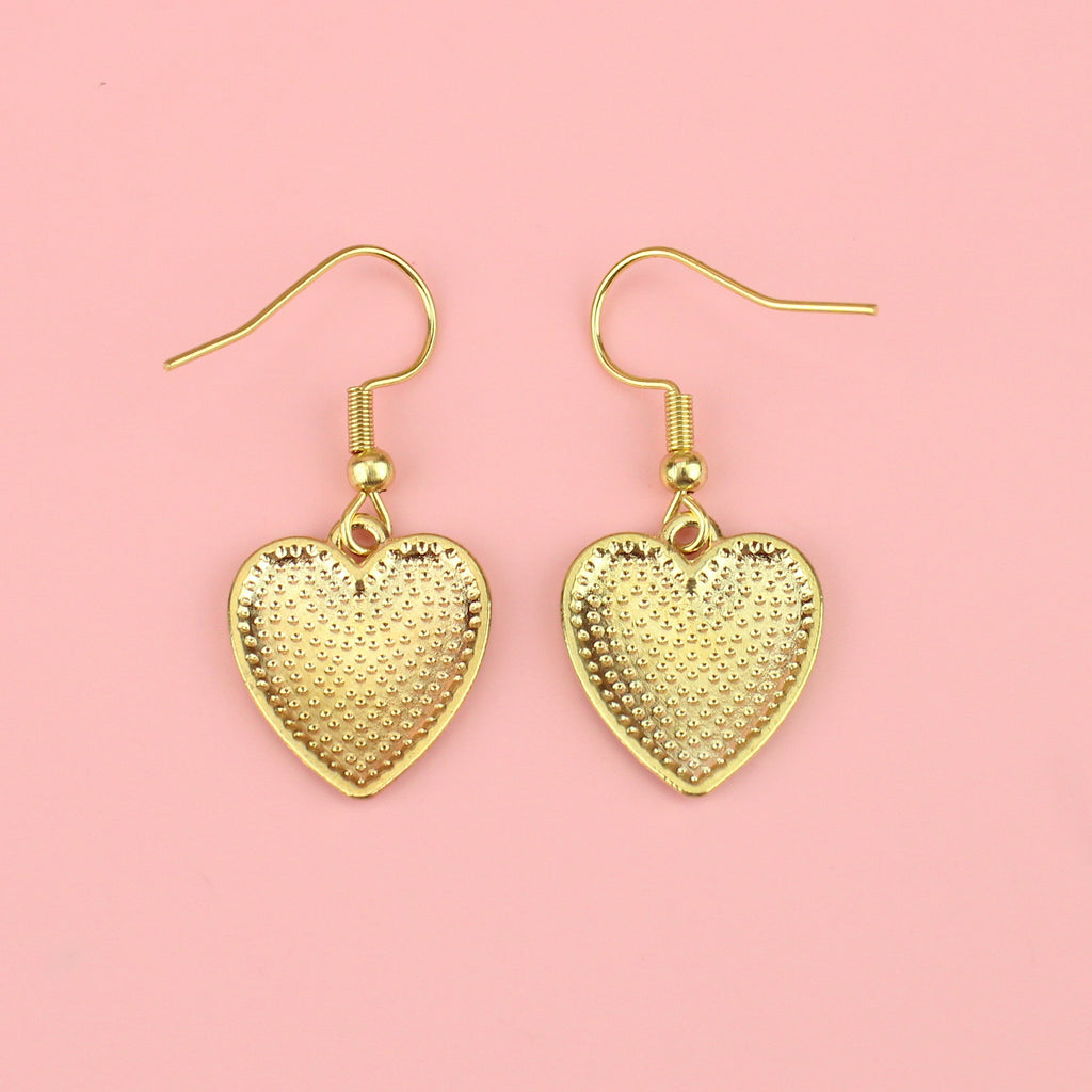 BACK OF WHITE AND PINK CHECKERBOARD HEARTS BADE FROM GOLD PLATED BASE METAL ON GOLD PLATED STAINLESS STEEL EARWIRES