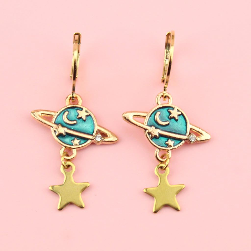 Blue milky way planet charms on gold plated stainless steel