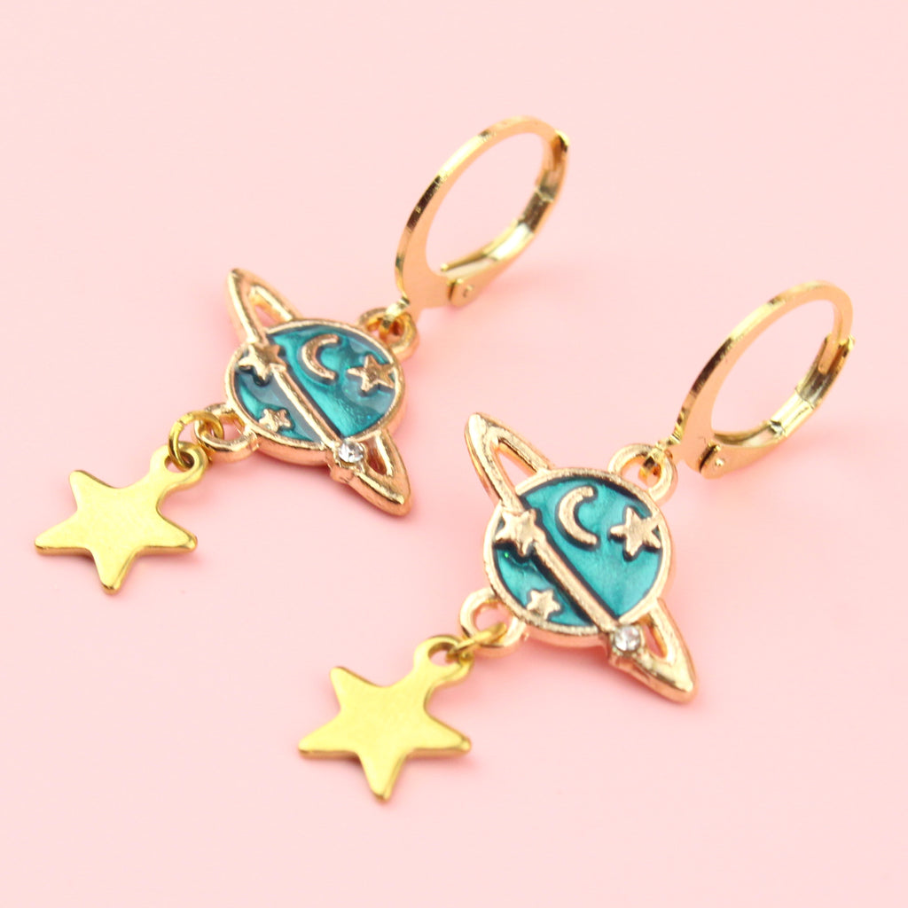 Blue milky way planet charms on gold plated stainless steel