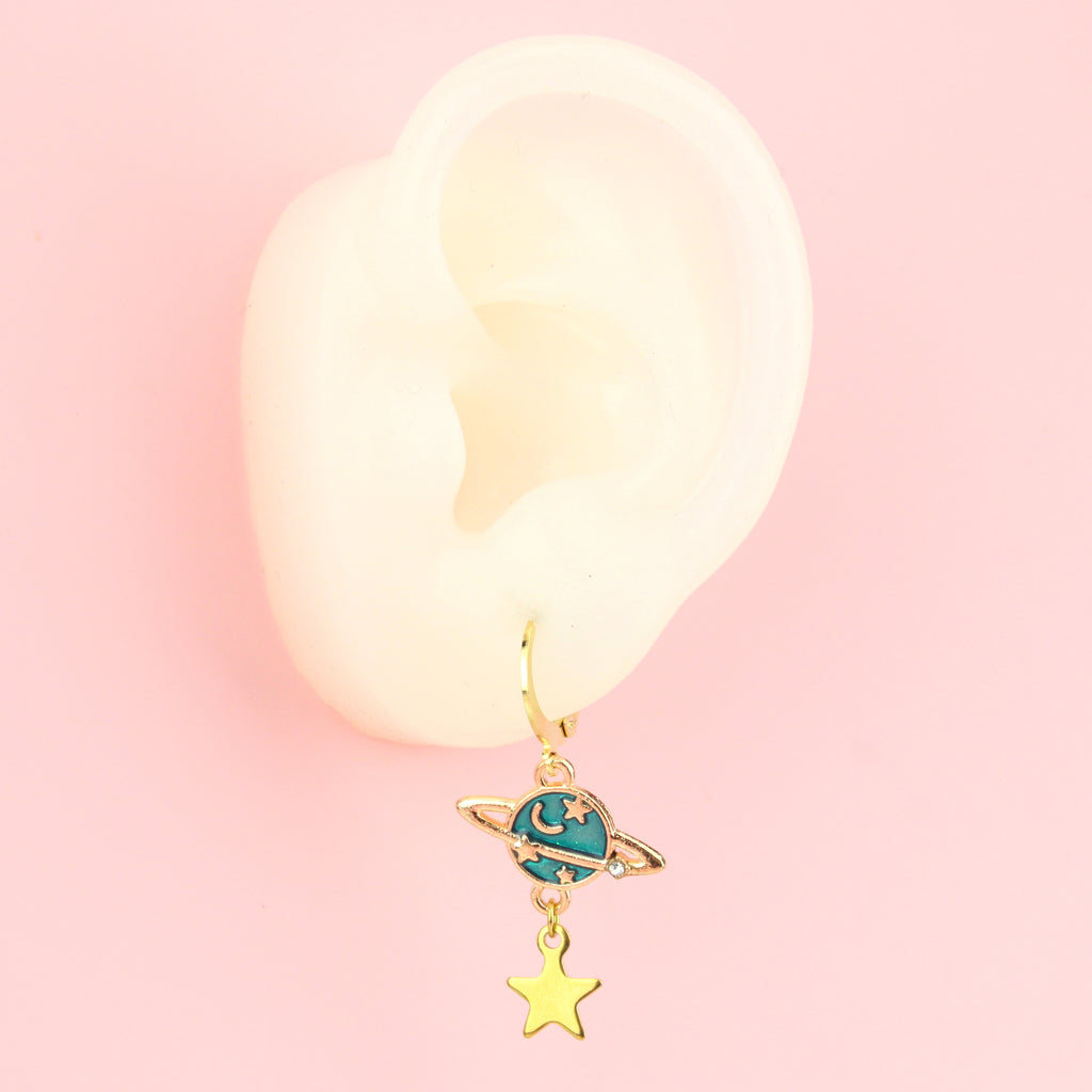 Ear wearing Blue Milky Way Hoop Earrings