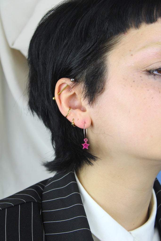 Mini Pink Glitter Star Hoop Earrings - Sour Cherry