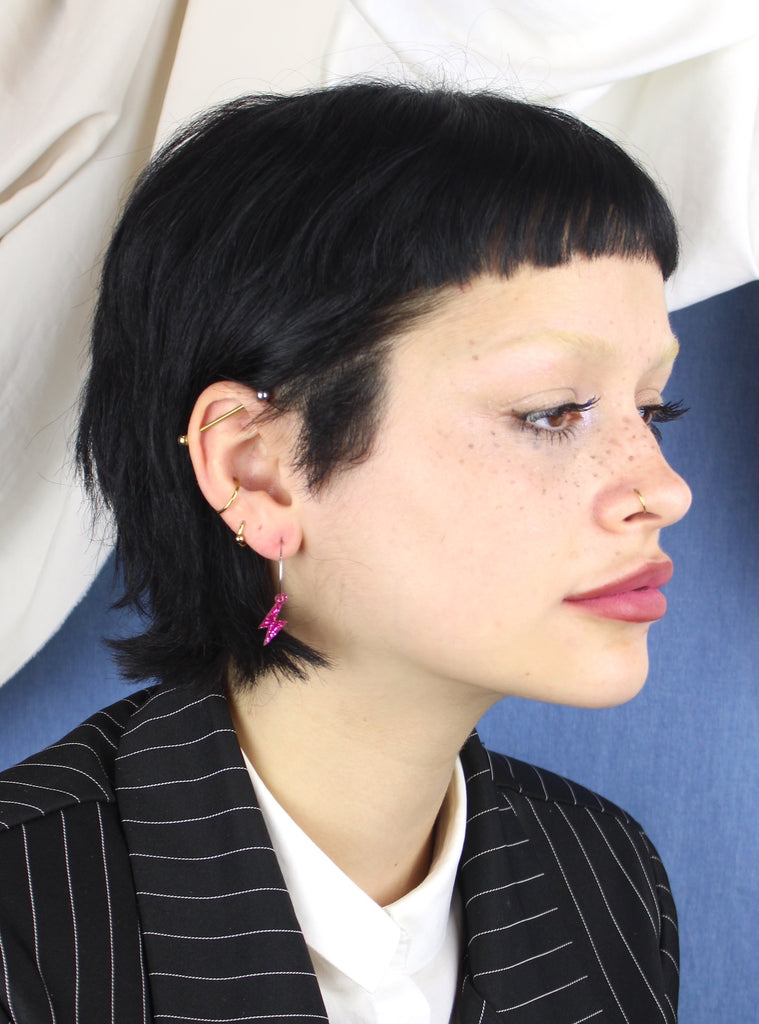 Mini Pink Glitter Lightning Bolt Hoop Earrings - Sour Cherry