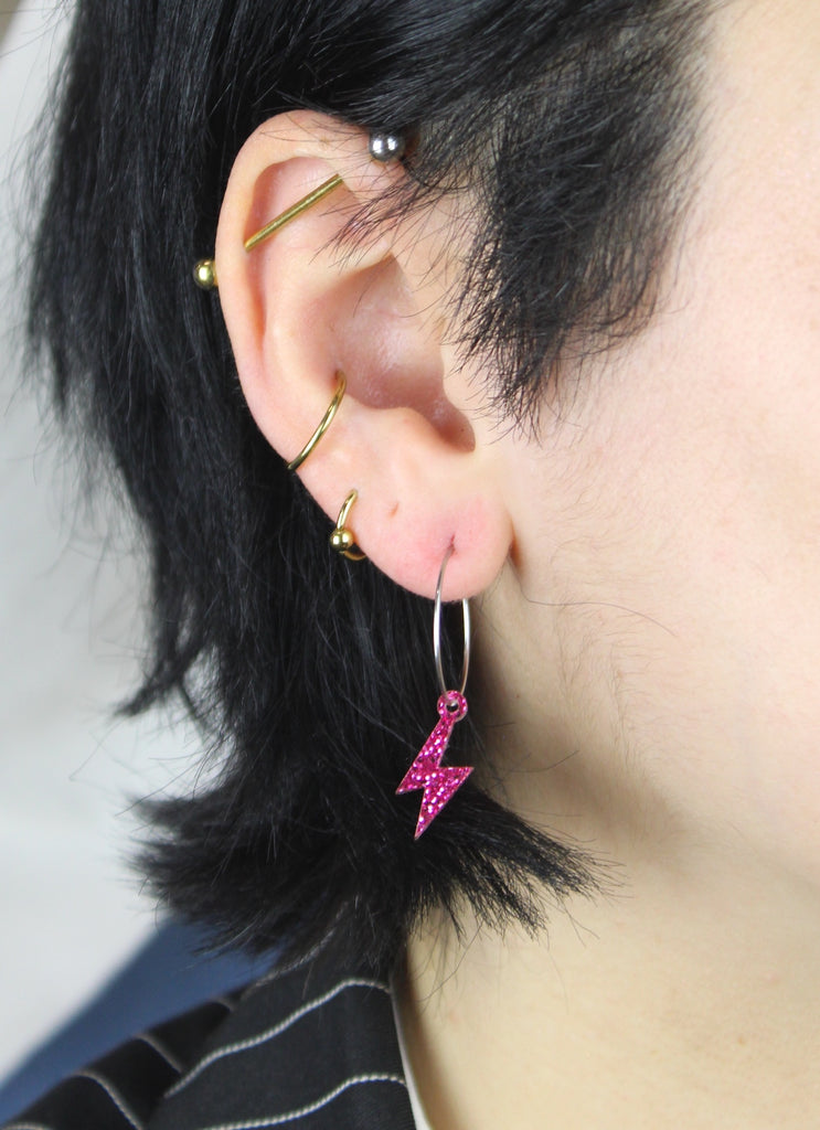Mini Pink Glitter Lightning Bolt Hoop Earrings - Sour Cherry