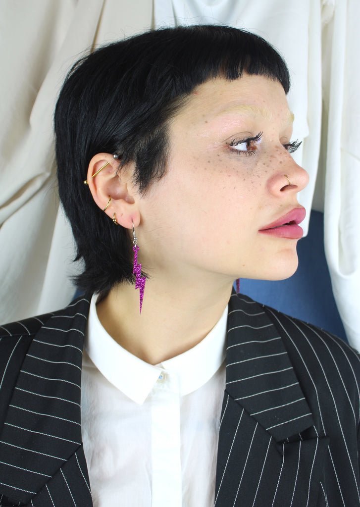 Purple Glitter Lightning Bolt Earrings - Sour Cherry