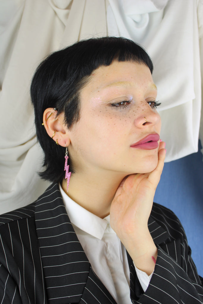 Pink Glitter Lightning Bolt Earrings - Sour Cherry