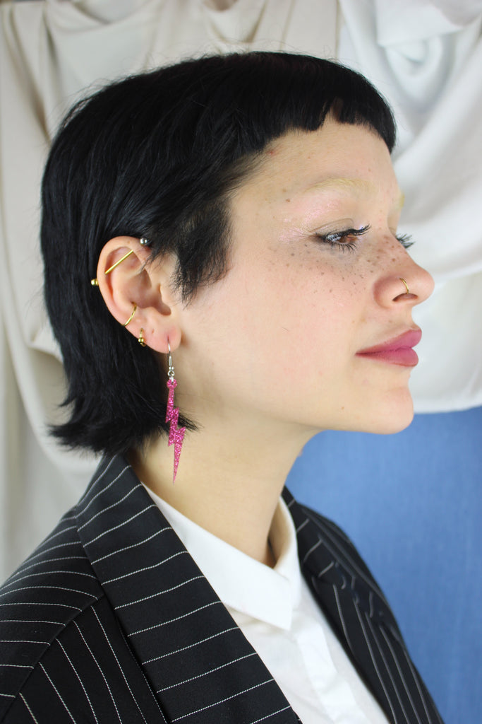 Pink Glitter Lightning Bolt Earrings - Sour Cherry
