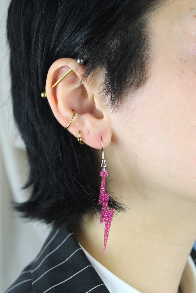 Pink Glitter Lightning Bolt Earrings - Sour Cherry