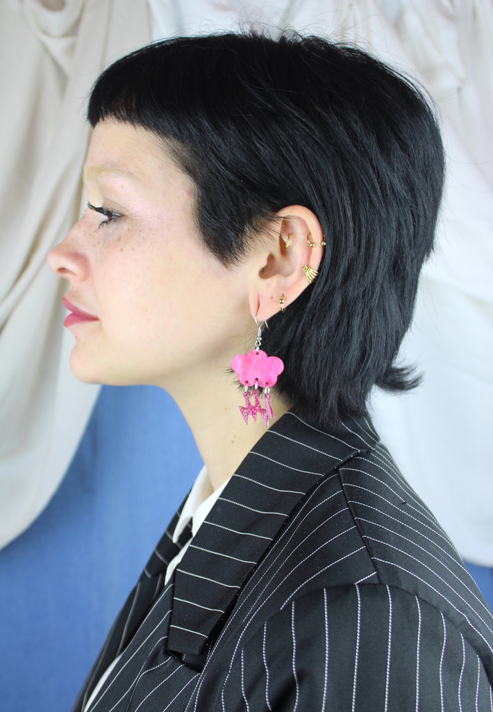 Pink Glitter Acid Lightning Earrings - Sour Cherry