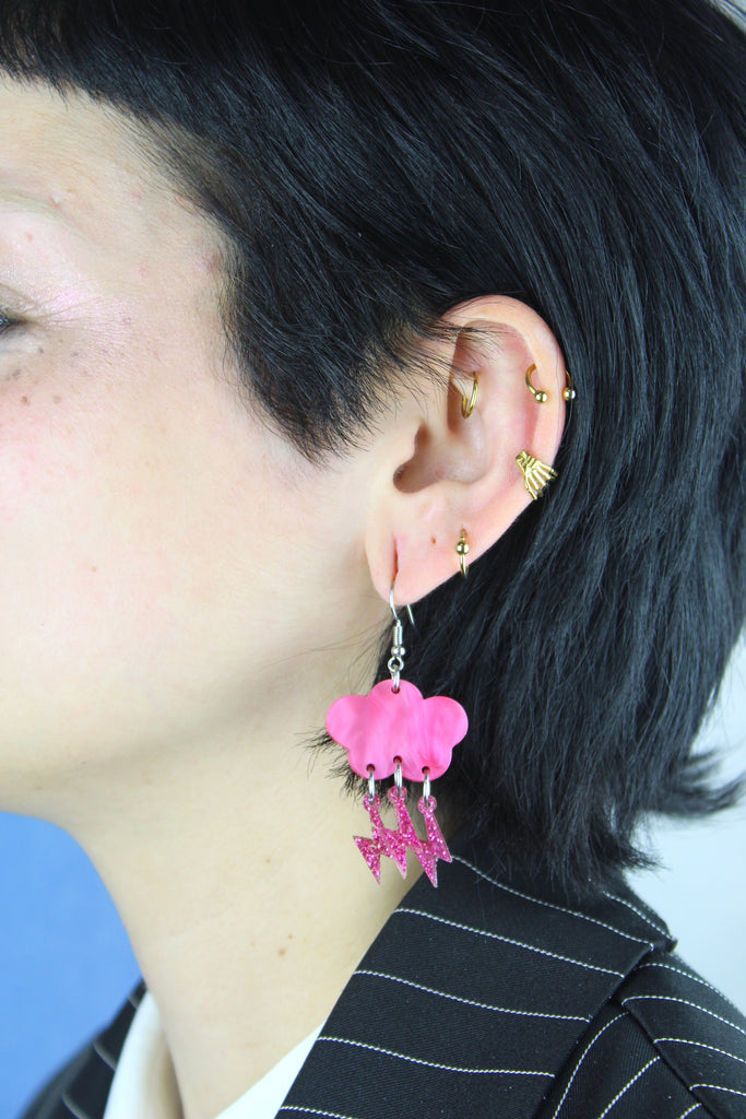 Pink Glitter Acid Lightning Earrings - Sour Cherry