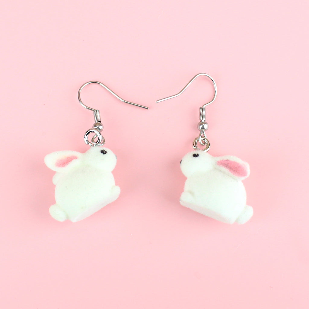 White fluffy 3d bunny charms on stainless steel earwires