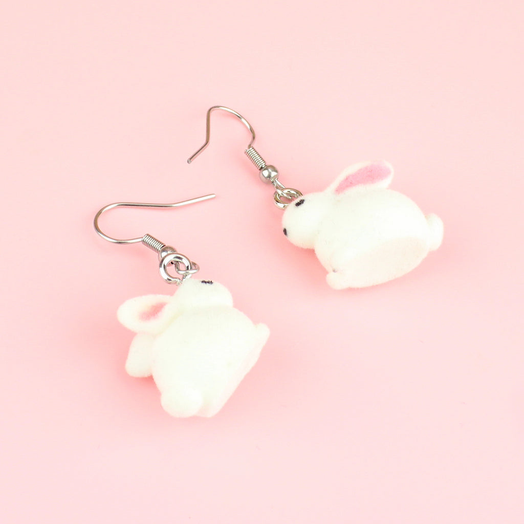 White fluffy 3d bunny charms on stainless steel earwires