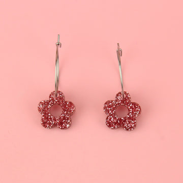 Blooming Botanicals Flower Hoop Earrings (Pink Glitter) - Sour Cherry