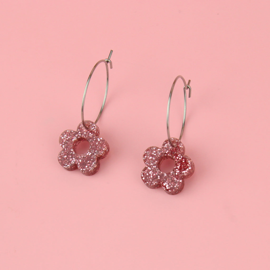 Blooming Botanicals Flower Hoop Earrings (Pink Glitter) - Sour Cherry
