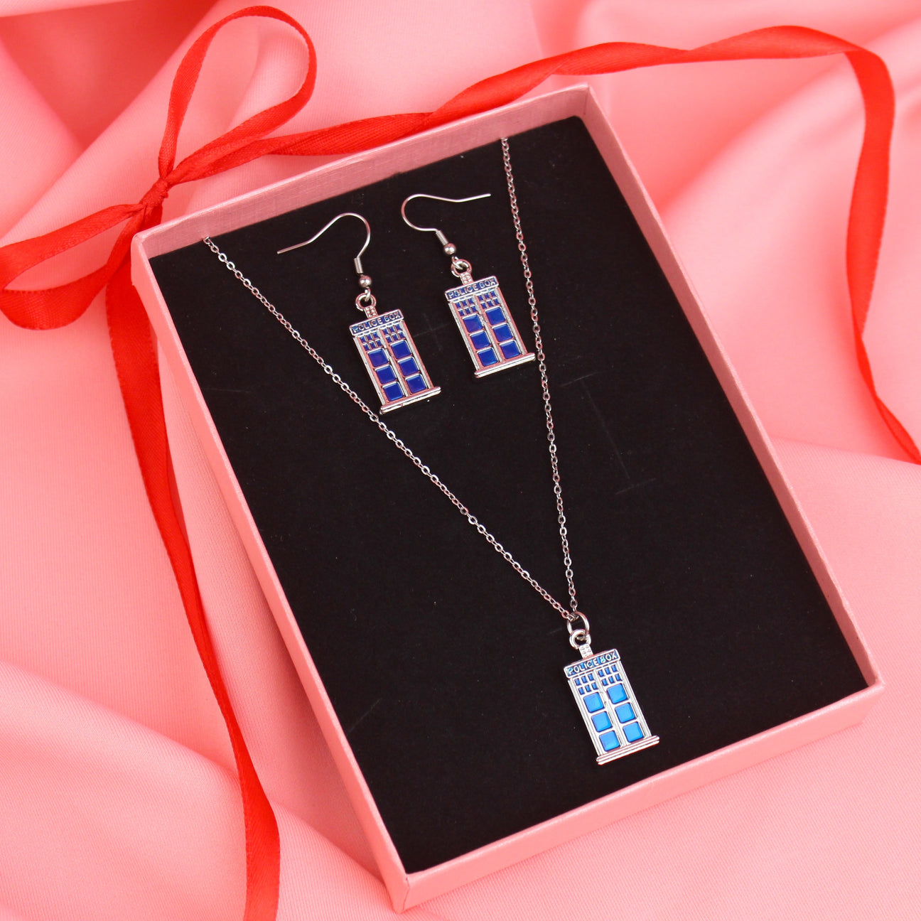 Tardis Earrings And Necklace Gift Set - Sour Cherry