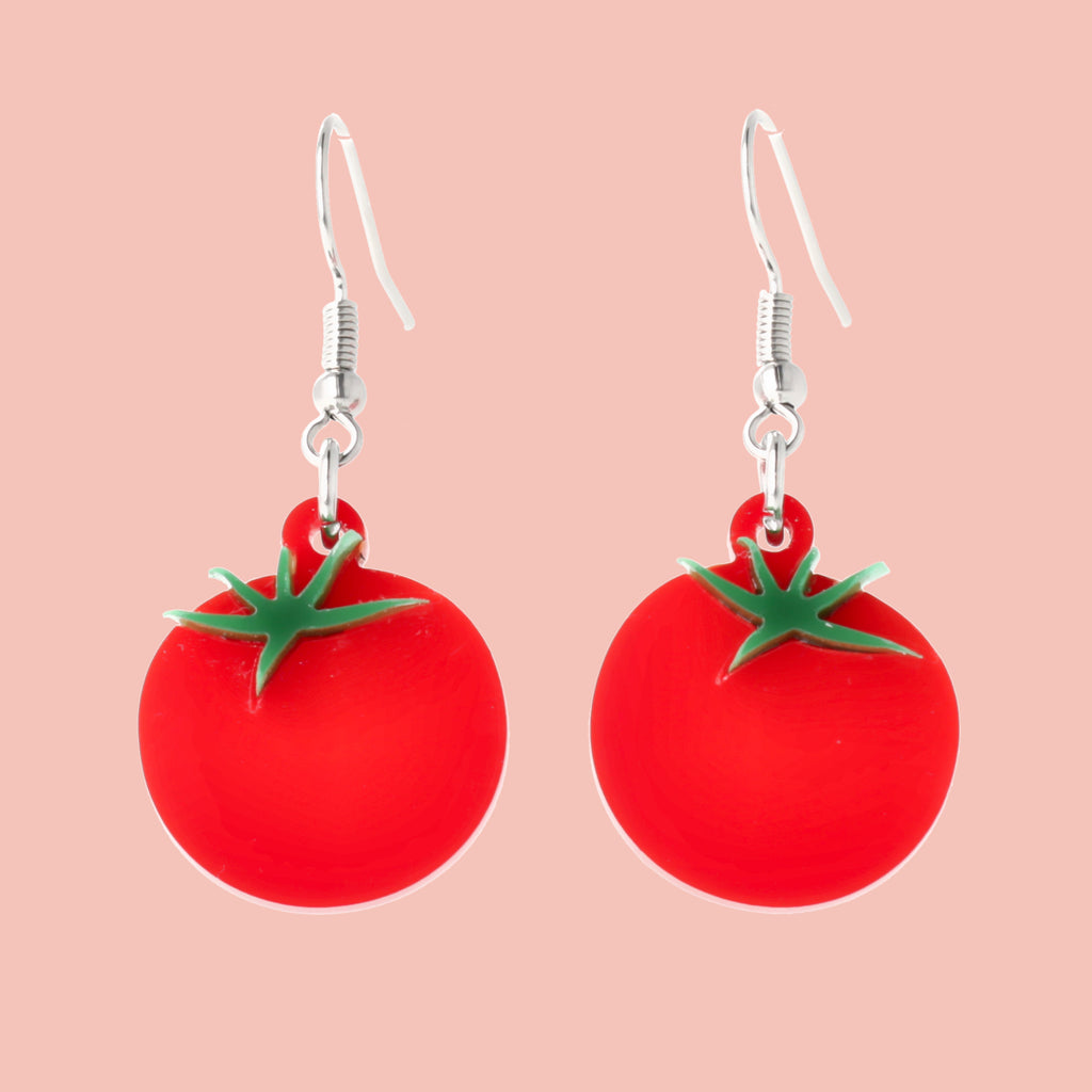 Red acrylic tomato charms on stainless steel earwires