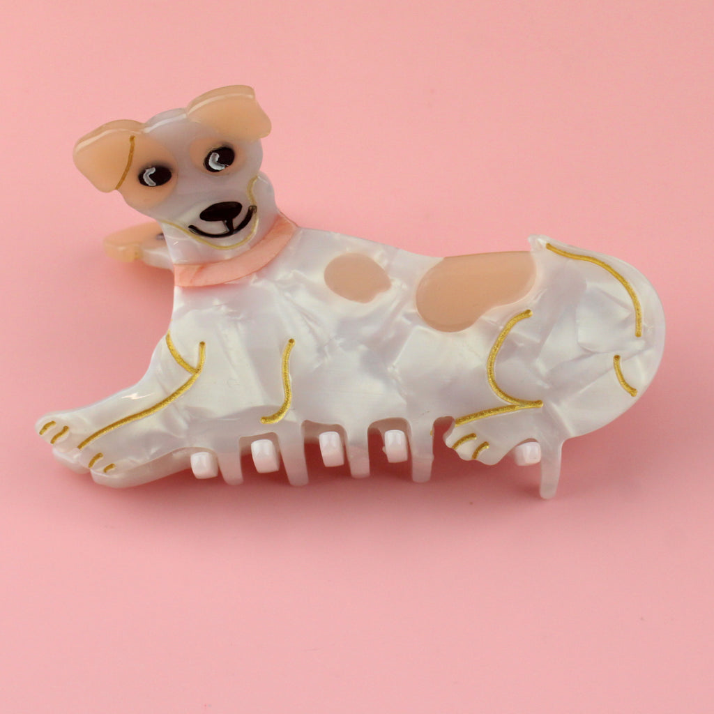White marble acrylic Jack Russell claw lip with peach spots, gold outlines and a pink collar