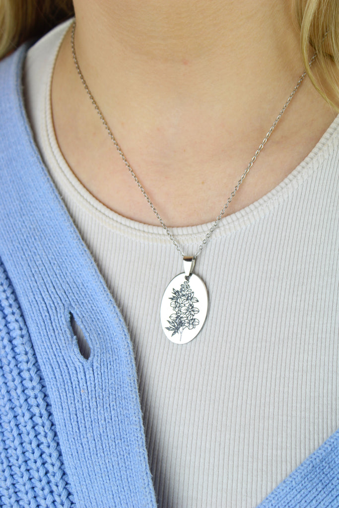 July Birth Flower Necklace - Larkspur - Sour Cherry