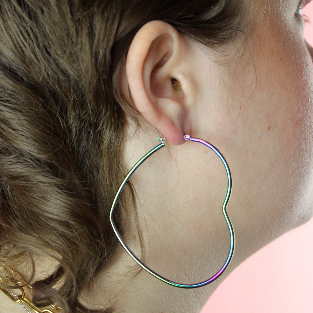 Large Rainbow Heart Hoop Earrings - Sour Cherry